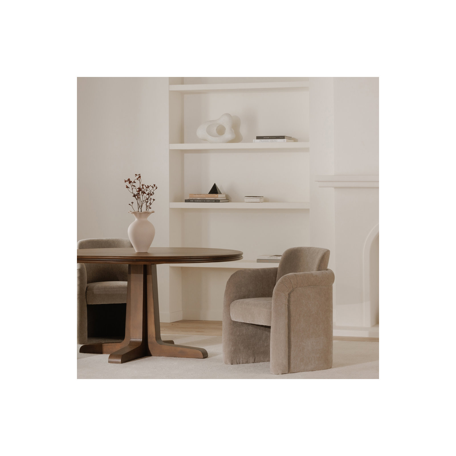 Becca Rolling Dining Arm Chair, Light Beige Performance Chenille