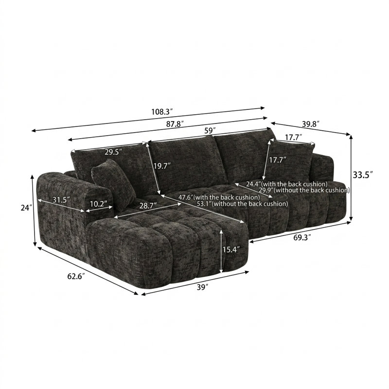 Canapé Boneless, canapé modulaire en L Chenille, Left Hand Facing, Brown