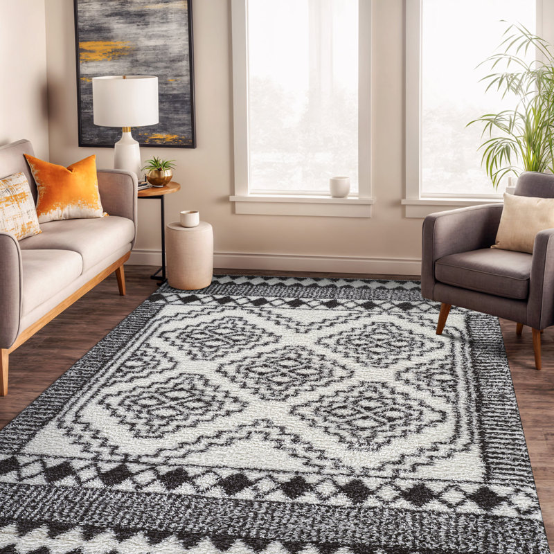 Tapis blanc à poils longs à motif géométrique - facile à nettoyer, facile à nettoyer, Rectangle 5' x 7'