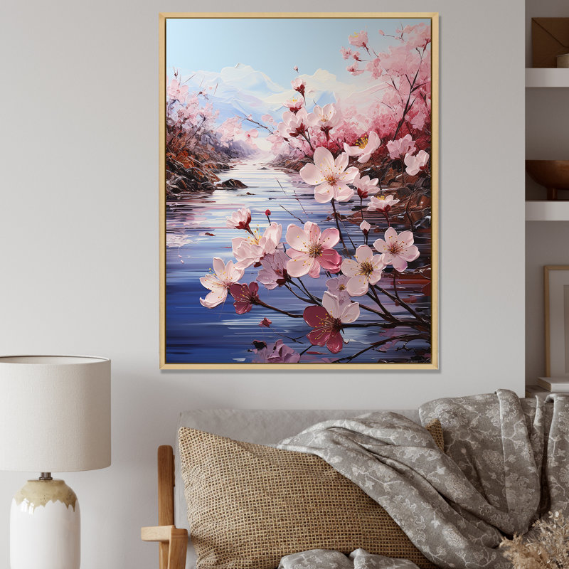 Cherry Blossom Flower Meadow sur toile, Cadre naturel flottant, H 40 po x l 30 po x P 1,5 po