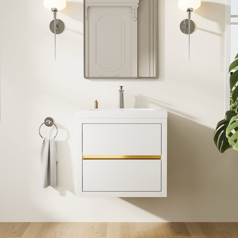 24" Glossy White Wall-Mounted Bathroom Vanity with Stone Resin Countertop