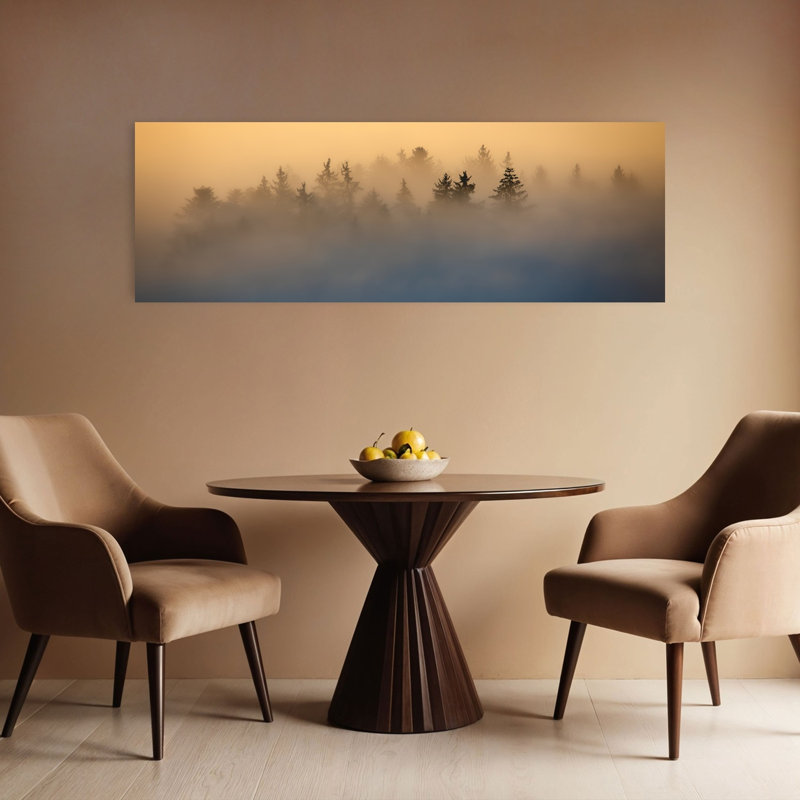 «Misty Golden Forest Dreamy Ethereal Mystical Pine Tree Forest», art mural, H 16 po x l 48 po