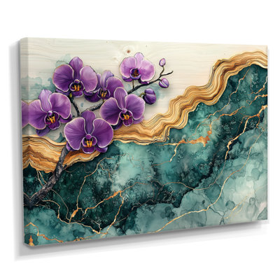 Lavande orchidées fleurs sur émeraude géode IV - art mural orchidée