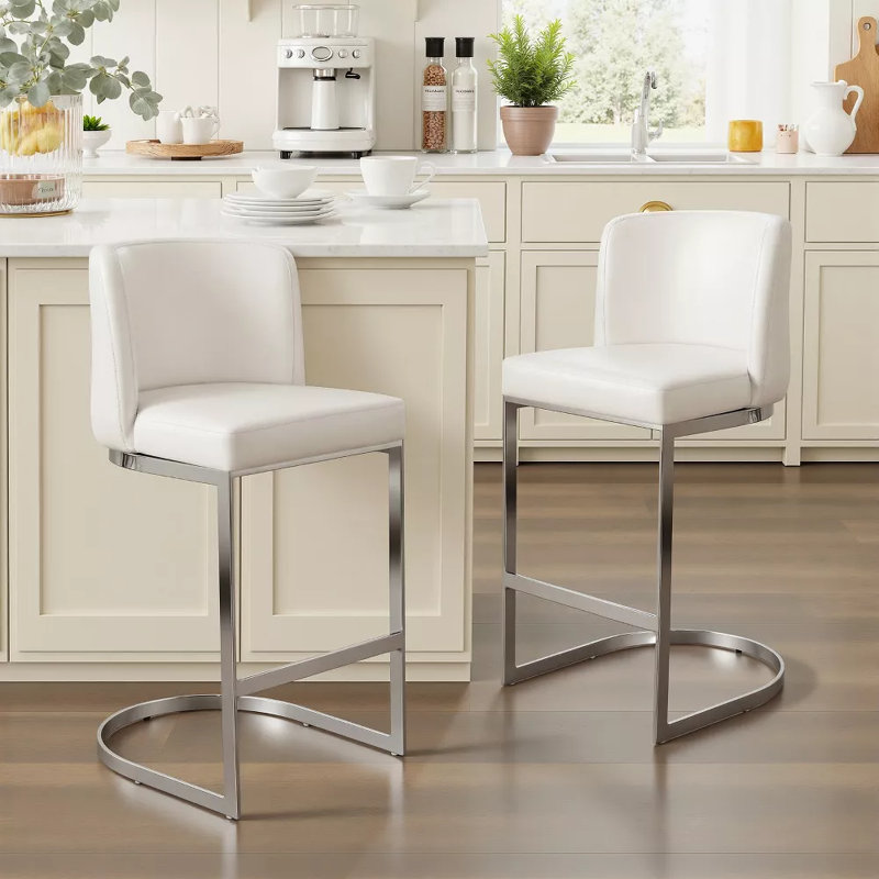 Tabouret de comptoir rembourré 26 po Bittencourt, Similicuir blanc, 1