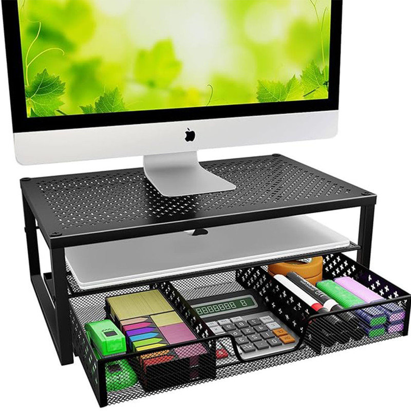 2 Tier Monitor stand, Metal Monitor Stand and Computer Desk Organizer with Drawer for Laptop, Black