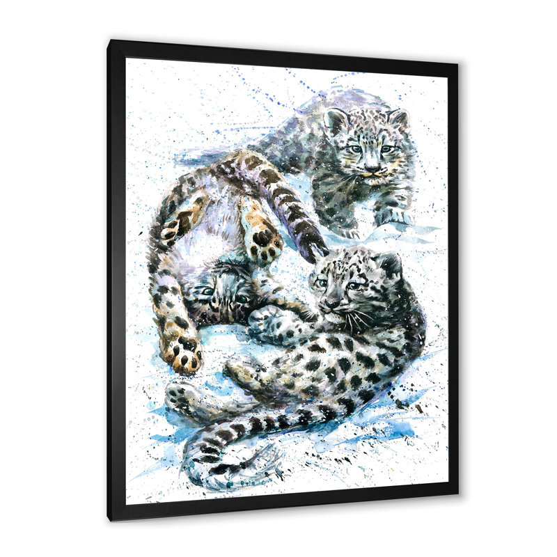Petits léopards des neiges - Peinture, Cadre photo noir, H 20 po x l 12 po x P 1 po