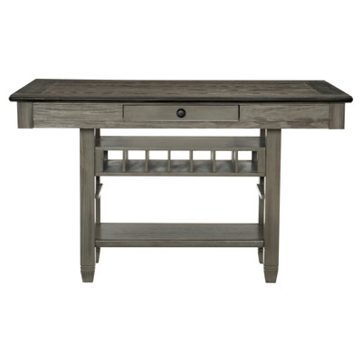 1Pc Counter Height Table With 4 Drawers Wine Rack Display Shelf Transitional Dining Furniture Antique Gray And Coffee Finish Storage Table