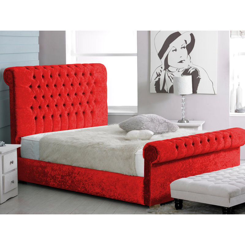 Coraline Upholstered Bed, Single (3'), Red Crush Velvet