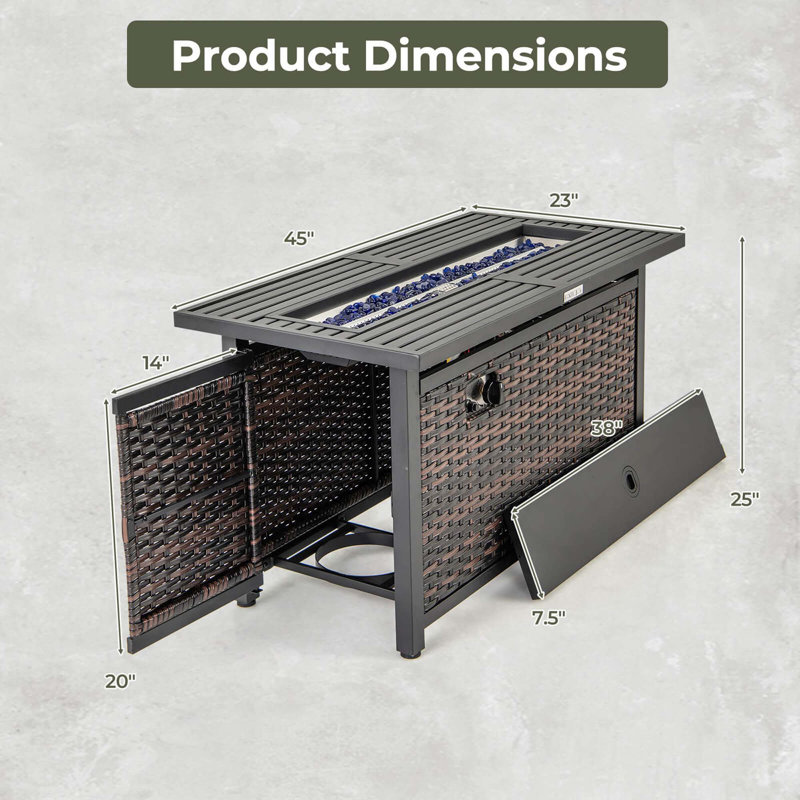 45" Propane Firepit Table With Glass Stones & Protective Cover 