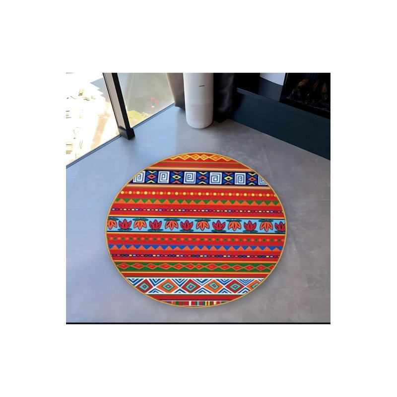 Orange Multicolored Motif Detailed Woven Base Modern Decorative Carpet, Round 3'4"