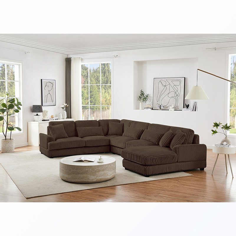 Canapé modulaire rembourré en U avec méridienne, Brown Corduroy