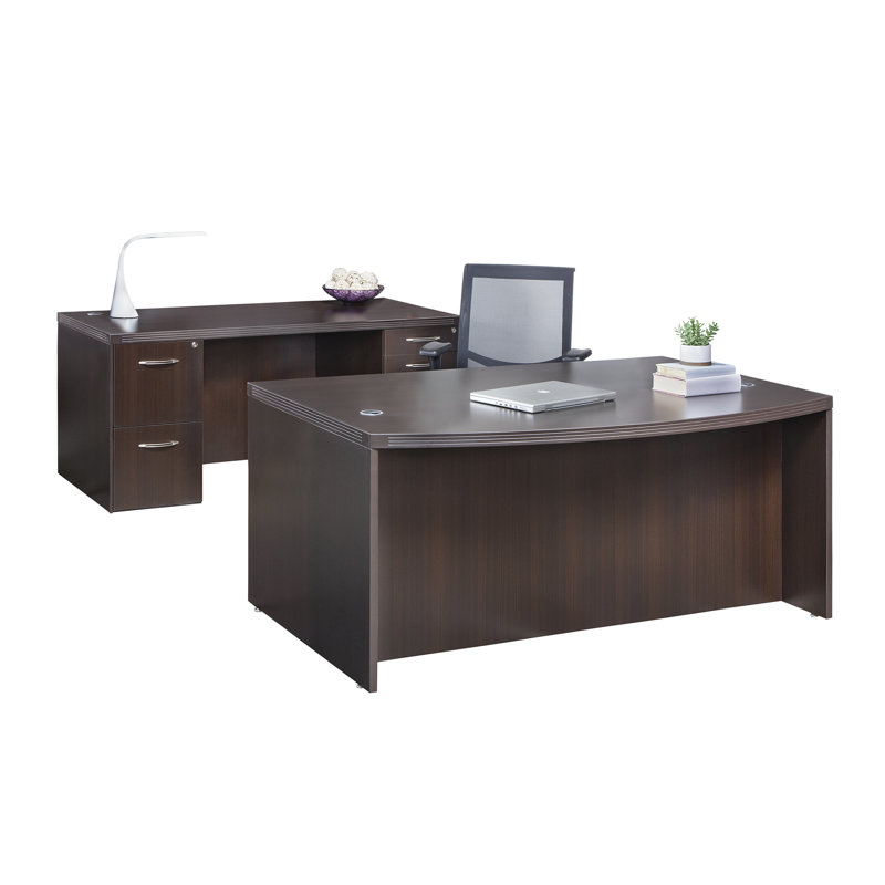 Mocha Wood Executive Desk with Drawer and Nickel Accents
