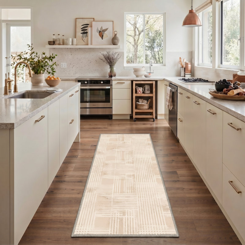 Gridline Geometric Machine Washable Beige Indoor Area Rug with Non-Slip Backing, Runner 2'6" x 8'