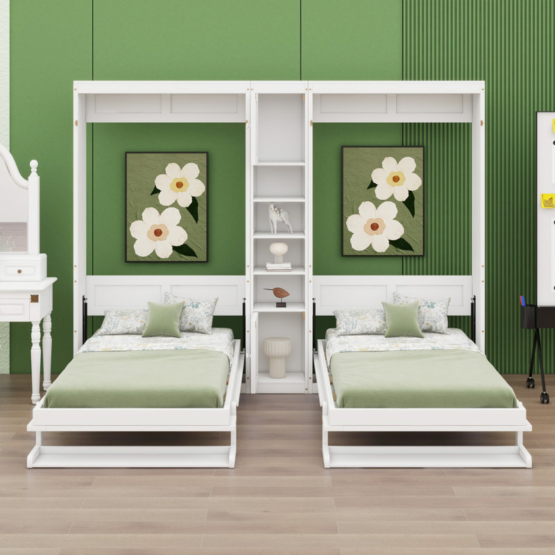 Deux lits escamotables doubles avec armoires et tablettes, Blanc