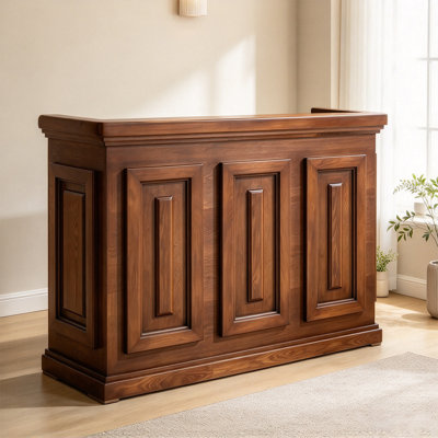 Bureau de réception traditionnel en bois massif, finition noyer foncé avec motif en relief
