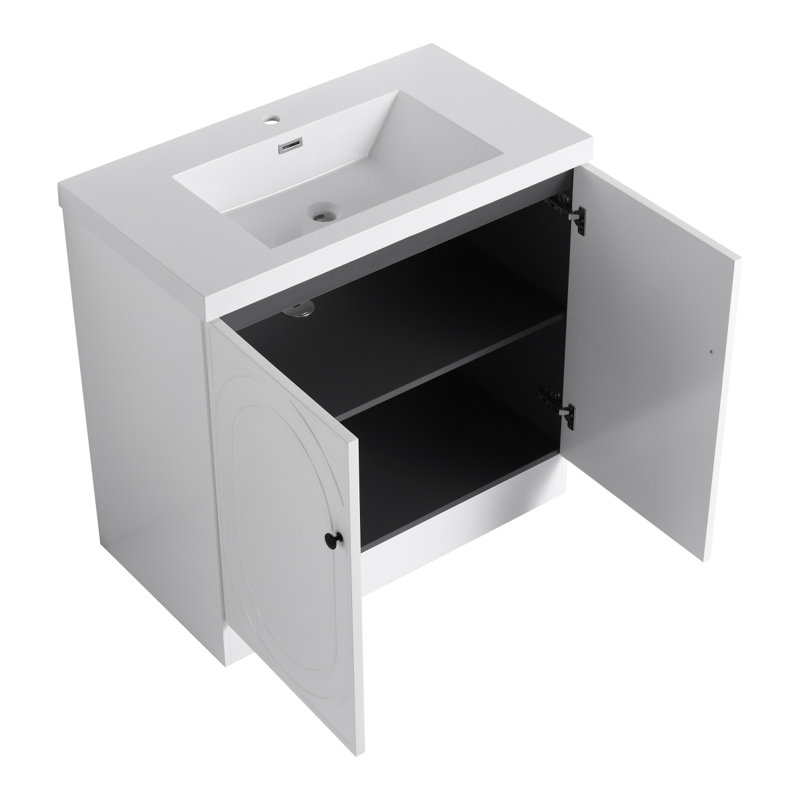 Meuble-lavabo autoportant avec lavabo en résine et 2 portes d'armoire, meuble-lavabo, Noir, Blanc