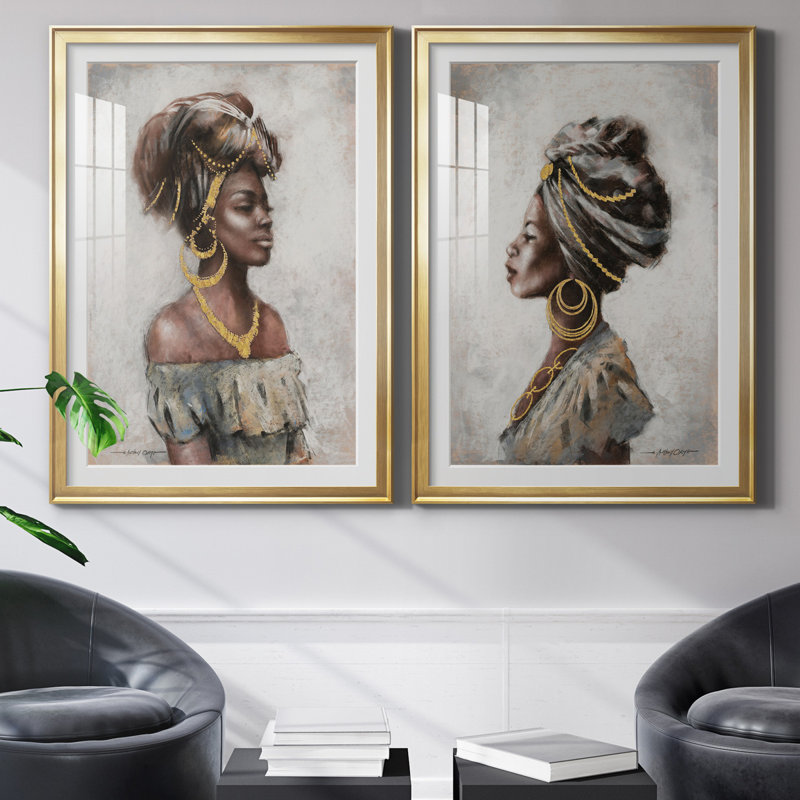 Beauté et grâce - ensemble de 2 reproductions d'art, H 26,5 po x l 73 po x P 1,5 po, Papier encadré doré, Blanc