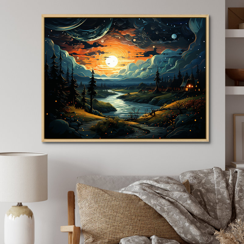 «Dreamy Mountain Scenery At Night I - Winter Landscape», art mural, Cadre flottant brun, H 12 po x l 20 po x P 1 po