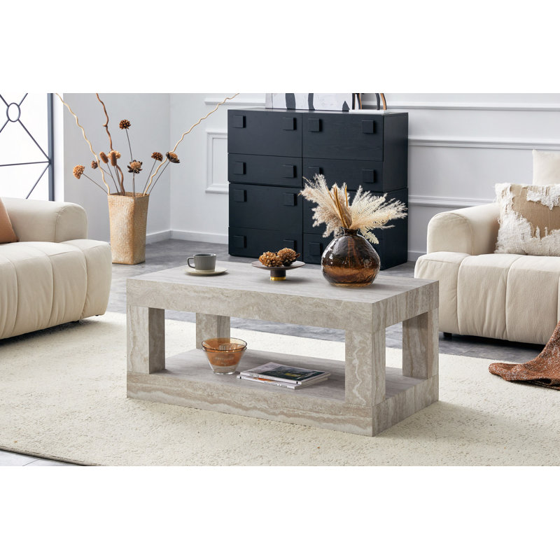 Table basse moderne à 2 niveaux pour mobilier de salon, table centrale rectangulaire avec tablette de rangement ouverte. La table basse à double couche est fabriquée en panneau de fibres à densité moyenne. Assemblage stable et durable, facile