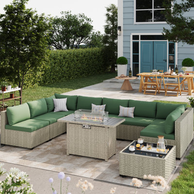 Ensemble de conversation 9 pièces pour patio en rotin avec foyer
