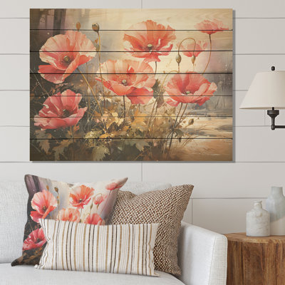 Red And Green Poppy Reverie III - Poppies On Wood Print