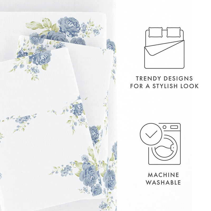 Ensemble de draps 100% coton, Bouquet de roses bleu clair, Ensemble de draps pour taille de lit très grand c