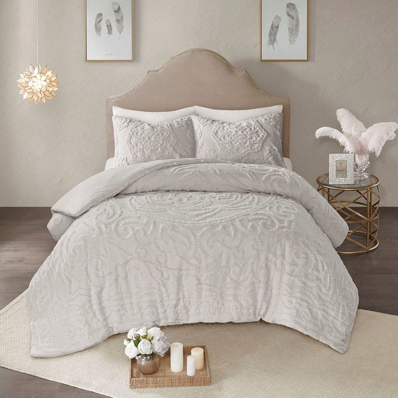 3 Housse de couette très grand / très grand gris avec médaillon en chenille - 100% coton, Gris clair