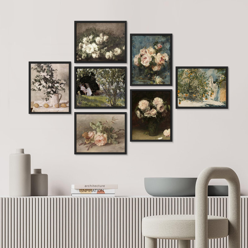 «Vintage Bouquet Nature Wilderness», 7 pièces sur papier, Blanc, H 14 po x l 11 po