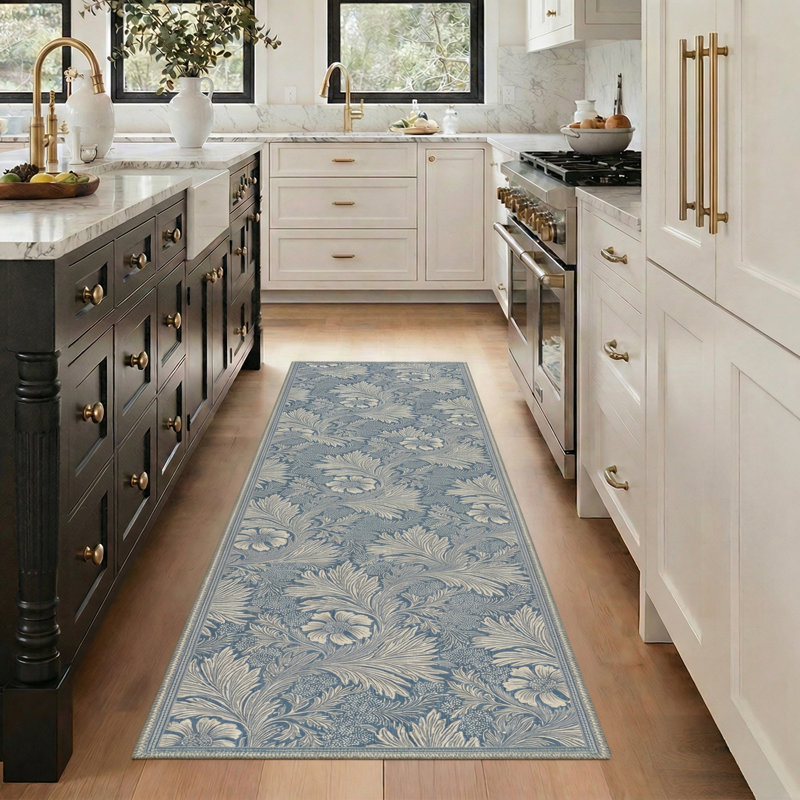 Aflora Floral Machine Washable Celestial Blue Indoor Area Rug With Non-Slip Backing, Runner 2'3" x 6'