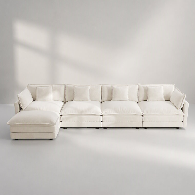 Canapé d'angle modulaire pour salon, canapé-lit 4 places en forme de U avec pouf, chenille blanche
