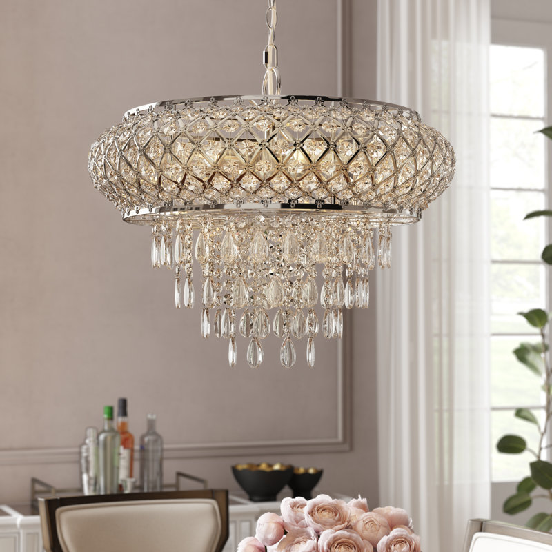 Grand lustre argenté à 5 lumières avec cristaux en cascade Bevers