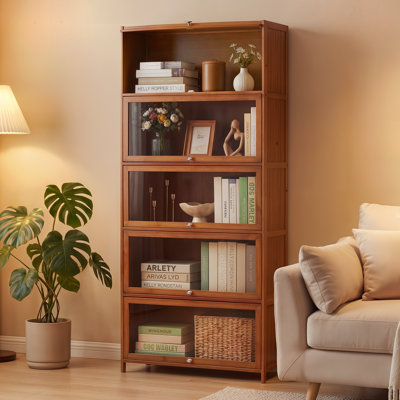 Bamboo Bookcase with Acrylic Flip-Up Door, Storage Bookshelf Organizer for Home Living Room Bedroom