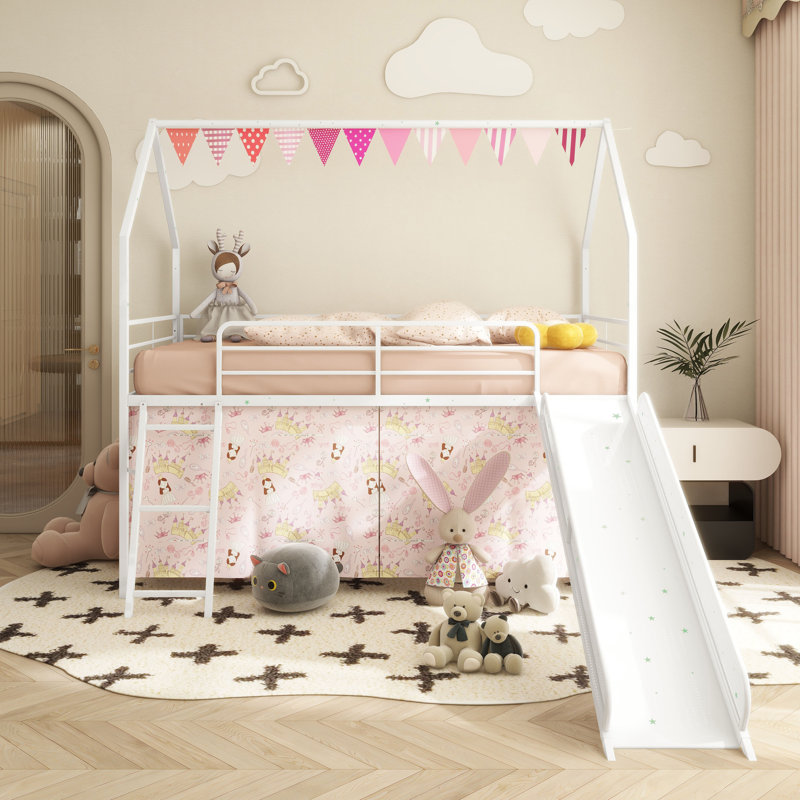 Metal Twin Loft Bed for Kids with Slide, Curtain, Pennant Banner & Star Stickers – Fun Playhouse Design, Super Hero Color Navy Blue and Red