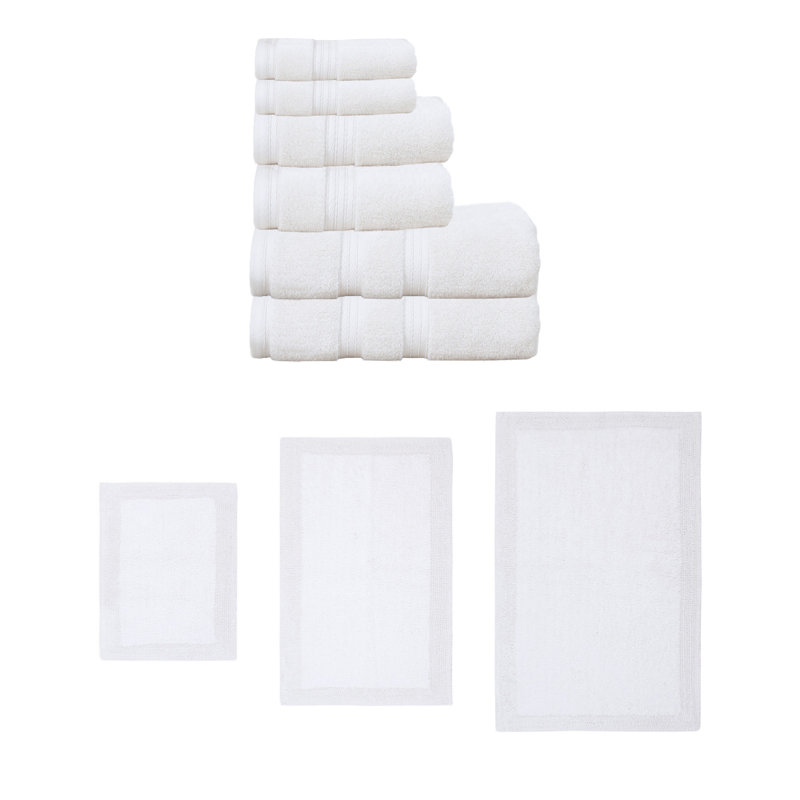 Buariki Collection 100% Soft Cotton 6 Pc Towel Set & Bath Rug Set, Reversible, White