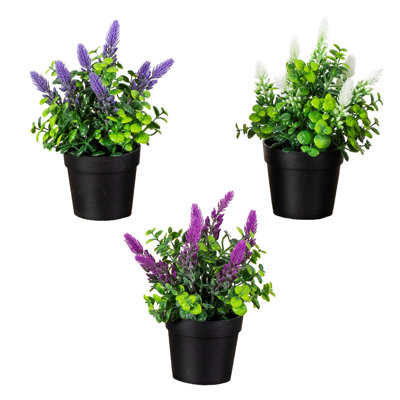 8in. Artificial Spiked Lavender Plant in Black Pot - Set of 3