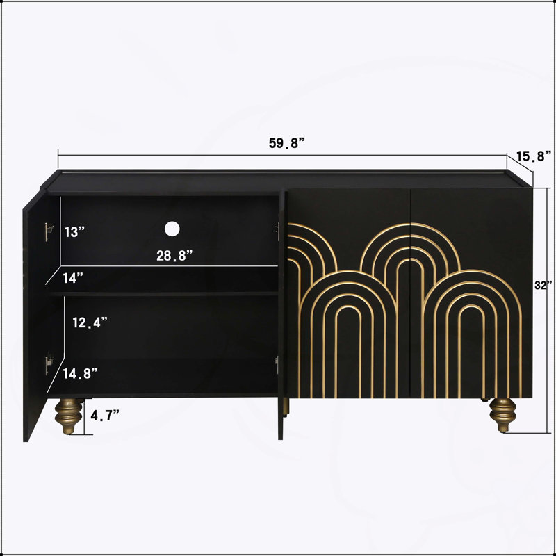 Modern Fluted Sideboard Buffet with Storage, Curved Elements and Strict Lines, 4 Doors Cabinet for Versatile Use, Black