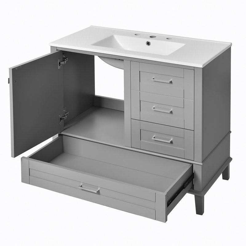 Meuble-lavabo 36 po avec cadre en pin massif, 1 porte à fermeture douce et 3 tiroirs, Gris