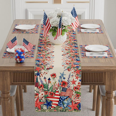 Aquarelle, fleurs, étoiles, États-Unis, feux d'artifice, jour de la table, 4 juillet, fête de l'indépendance patriotique, décoration de table pour la fête, cuisine, salle à manger, fête, décoration, 13 x 72 pouces