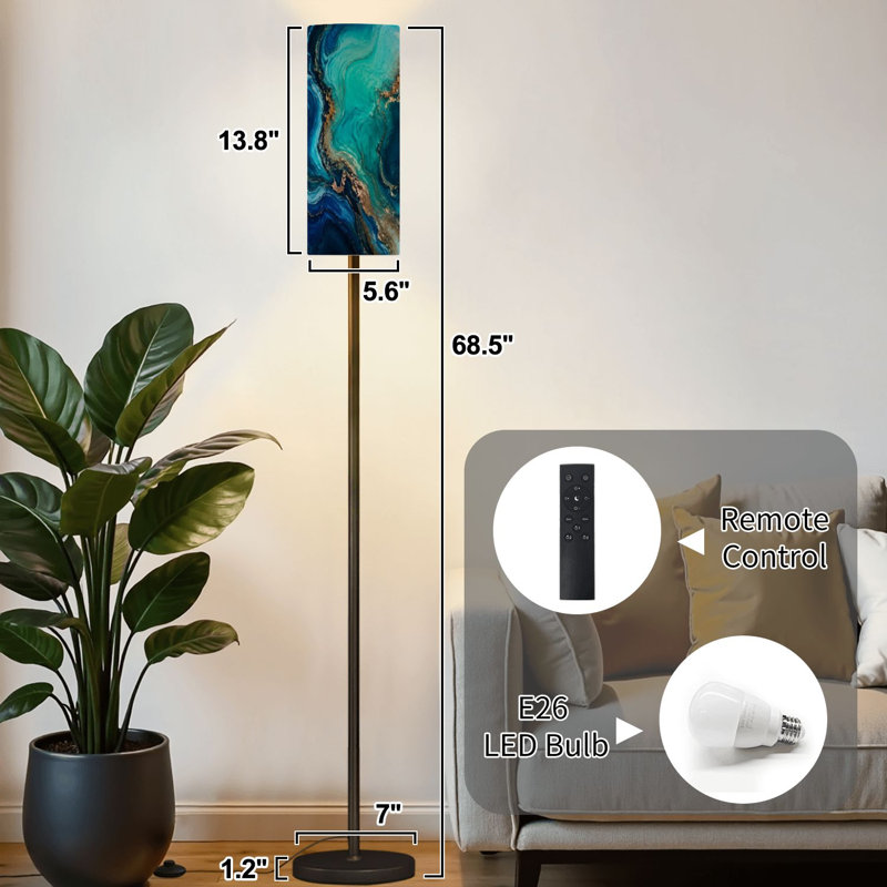 Lampe sur pied en marbre doré aux lignes sarcelle à intensité variable moderne avec télécommande et pédale abat-jour abat-jour grand poteau d'angle pour le salon, la chambre et le bureau