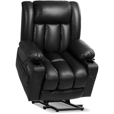Dual Motor Power Lift Chair Recliner for Elderly with Massage and Heat, Infinite Position Electric Lift Recliner with USB A&C, Cup Holders (T6010 - Faux Leather, Black, Medium)