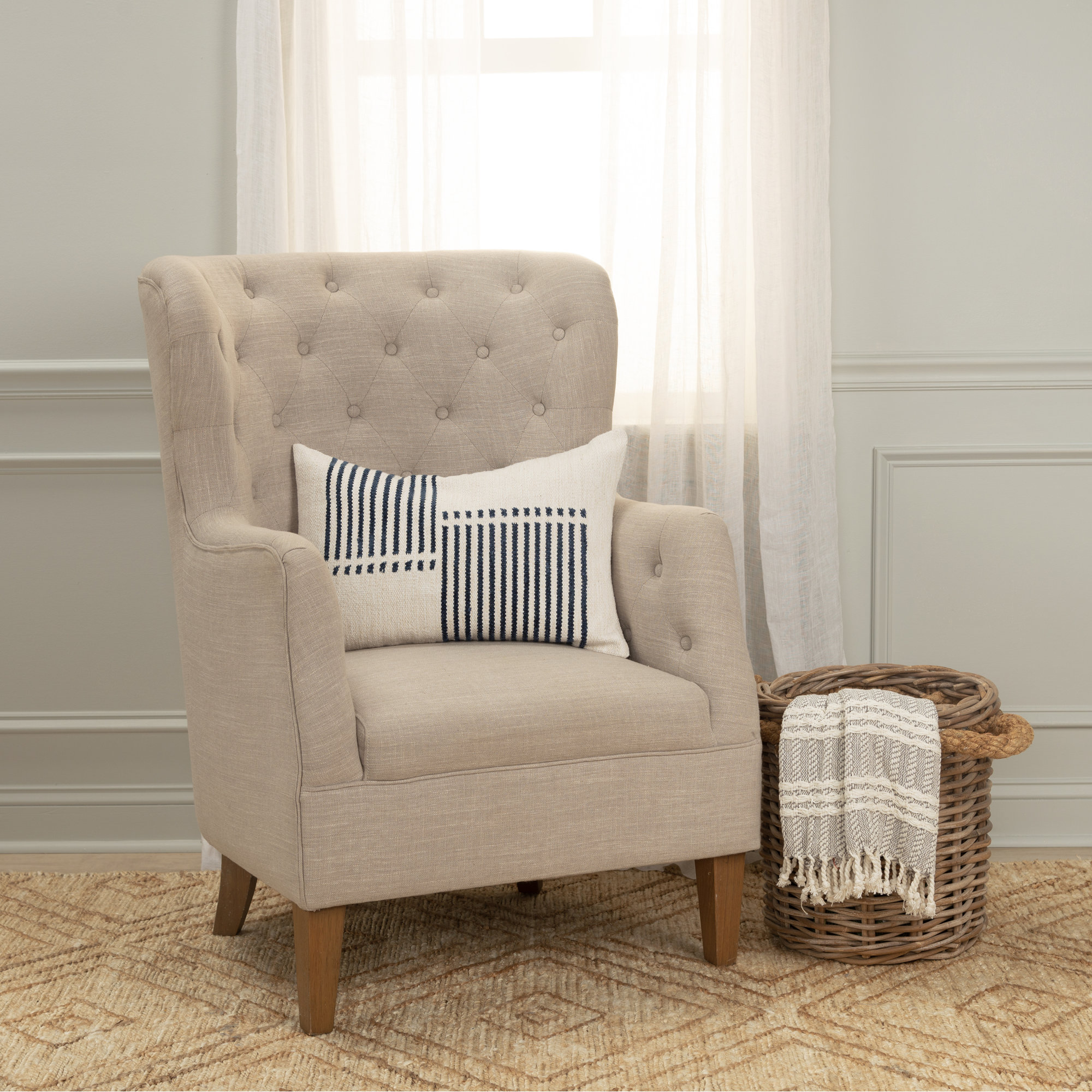 Carlus Striped Cotton Lumbar Throw Pillow, Natural/Blue