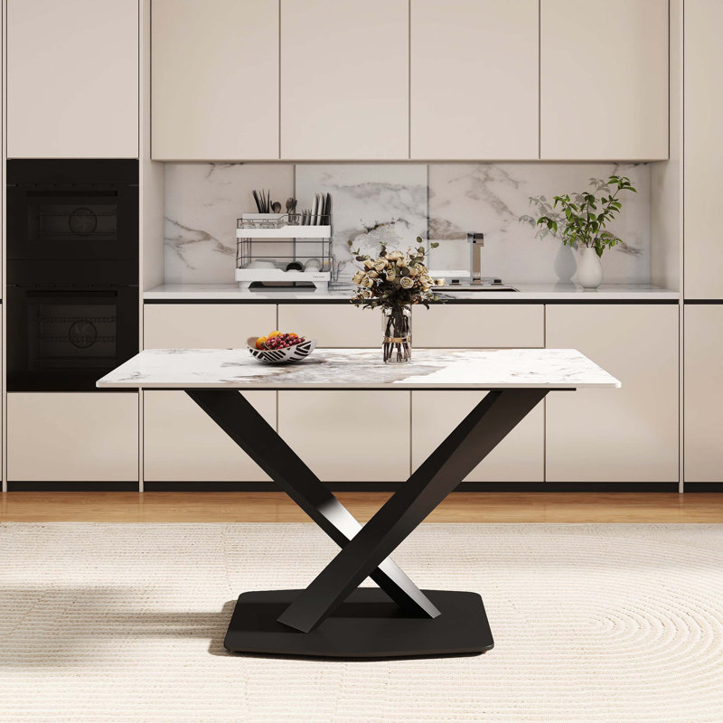 Table de salle à manger 55,12 pouces en pierre artificielle à bord droit blanc Pandora, H 29,53 po x L 55,12 po x l 31,5 po