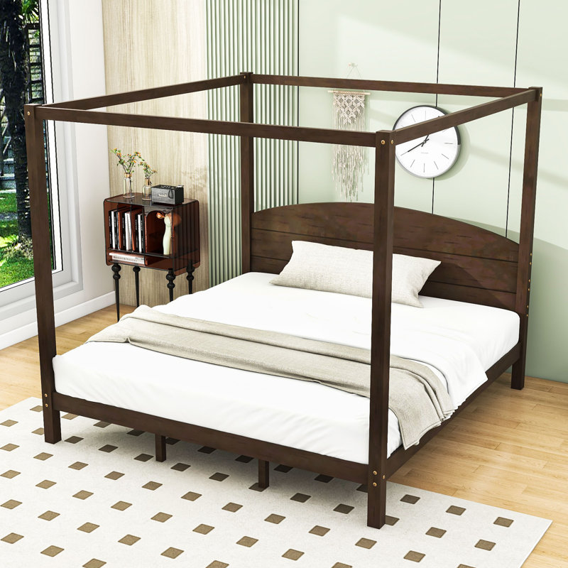 Braderick King Wooden Canopy Platform Bed with Headboard, Brown Wash