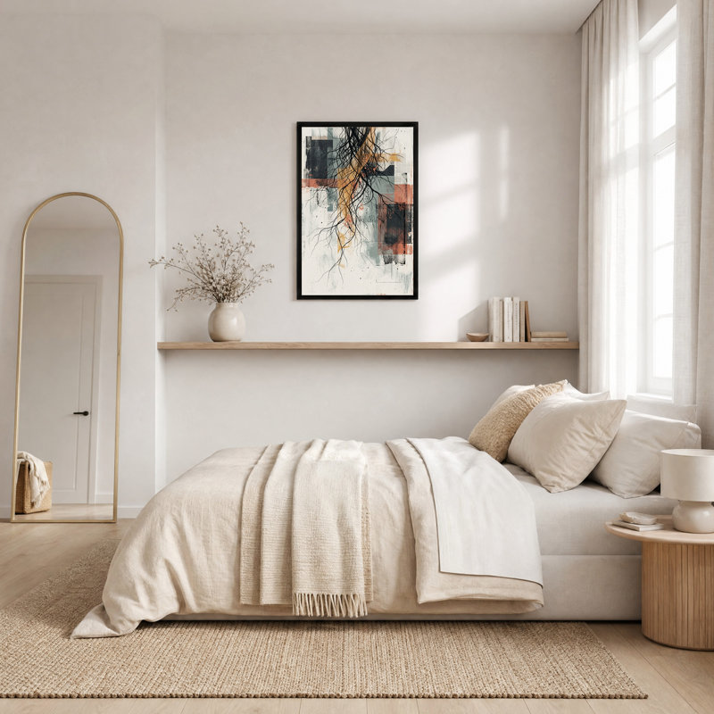 Racines noires enchevêtrées sur toile murale à blocs géométriques rouille et gris, H 30 po x l 20 po