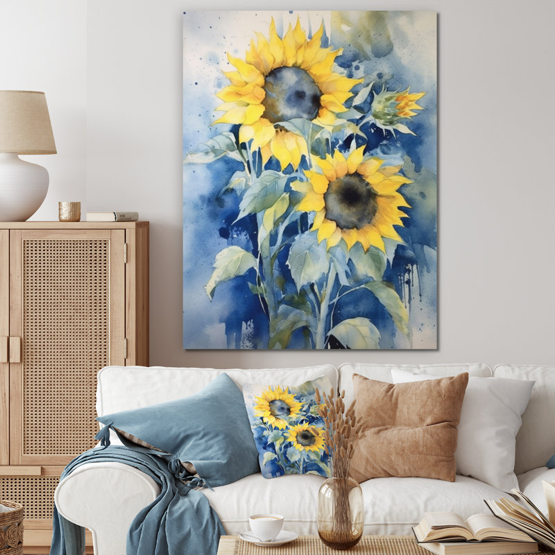 Jaune, bleu, tournesol doré, impression sur toile florale, H 44 po x l 34 po x P 1,5 po, Toile tendue