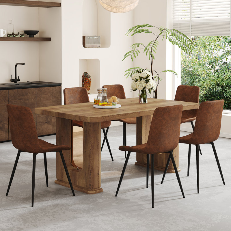Ensemble de table de salle à manger 64,5 "en bois de ferme avec pieds en piédestal et chaises rembourrées, Brun