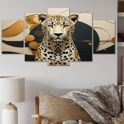 «Leopard Elegance Geometric - Reproduction d'art sur toile animaux - 5 panneaux