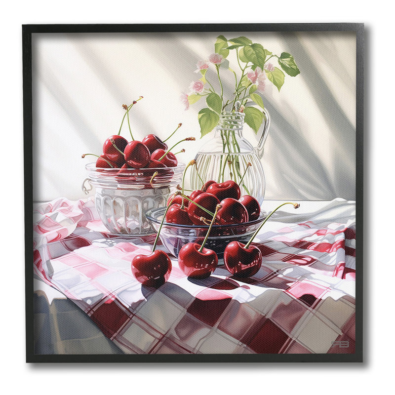 "Cherries & Botanicals", art mural sur toile par RB, Giclée encadrée noir minuit, H 17 po x l 17 po
