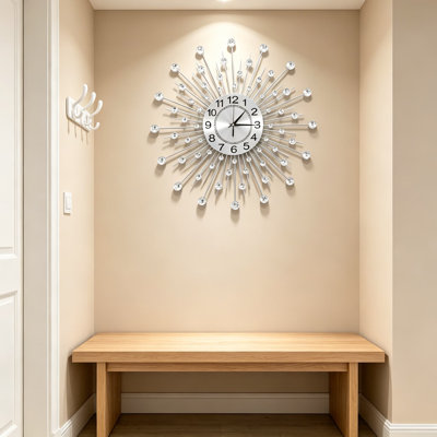 Wall Clock For Living Room Decor, Non-Ticking Silent Metal Quartz Clock, Modern Design With Crystal Accents, 24 Inch Round Silver Clock For Home Kitchen Bedroom Indoor Decoration