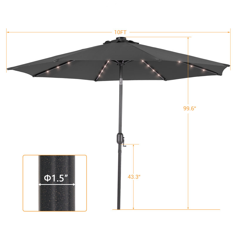 Parasol de marché 10 pi avec DEL et manivelle pour l'extérieur, Noir